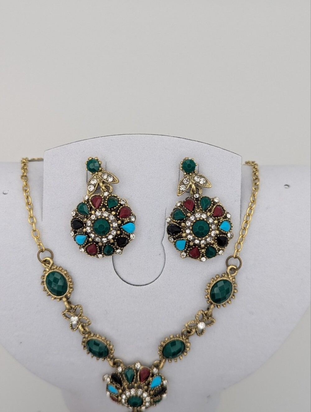 Multicolor Gemstone Medallion Necklace Earring Set Gold Tone Bollywood Wedding - Picture 2 of 7